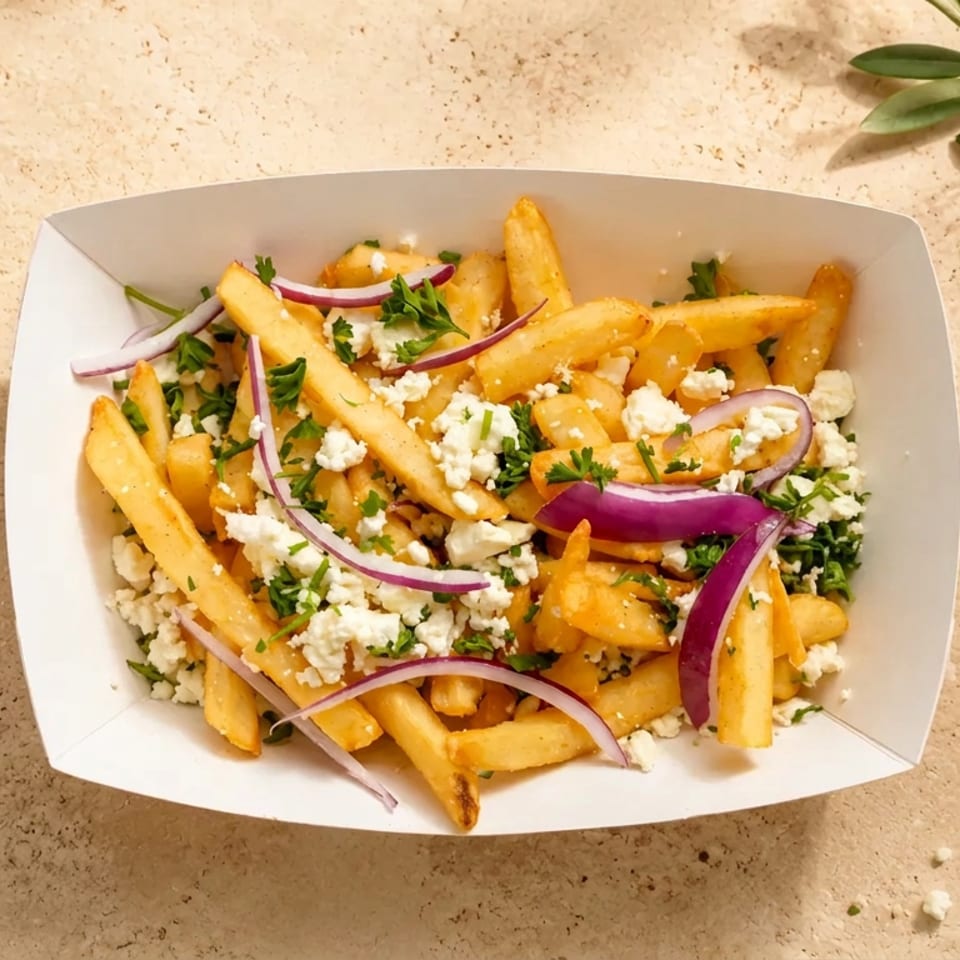 Golden fries topped with crumbled feta, red onion slices, and fresh parsley in a white serving tray.