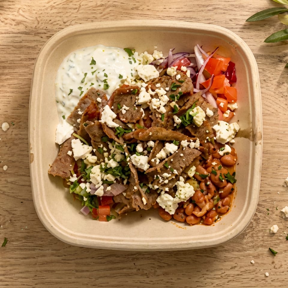 Greek-style platter with sliced meat, tzatziki, feta, beans, vegetables, and herbs in a compostable container on a wooden table.