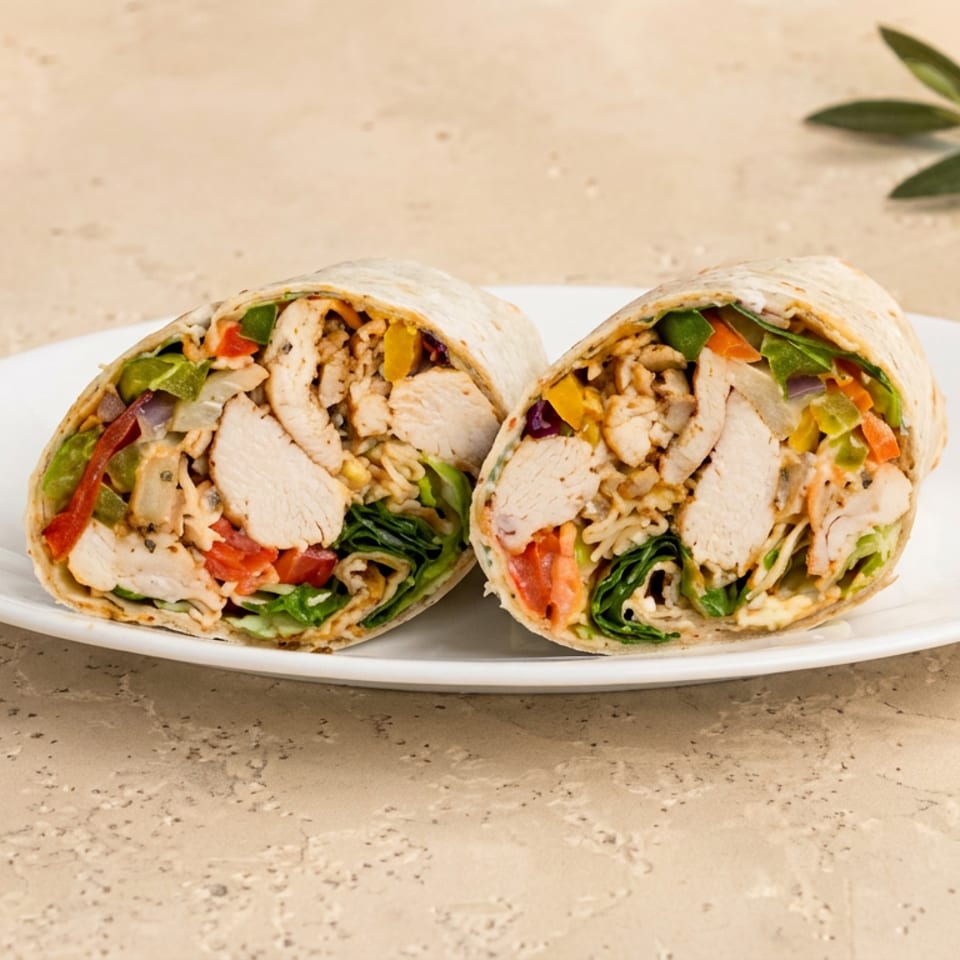 Two chicken wraps filled with vegetables and rice, sliced open on a white plate atop a beige tabletop.
