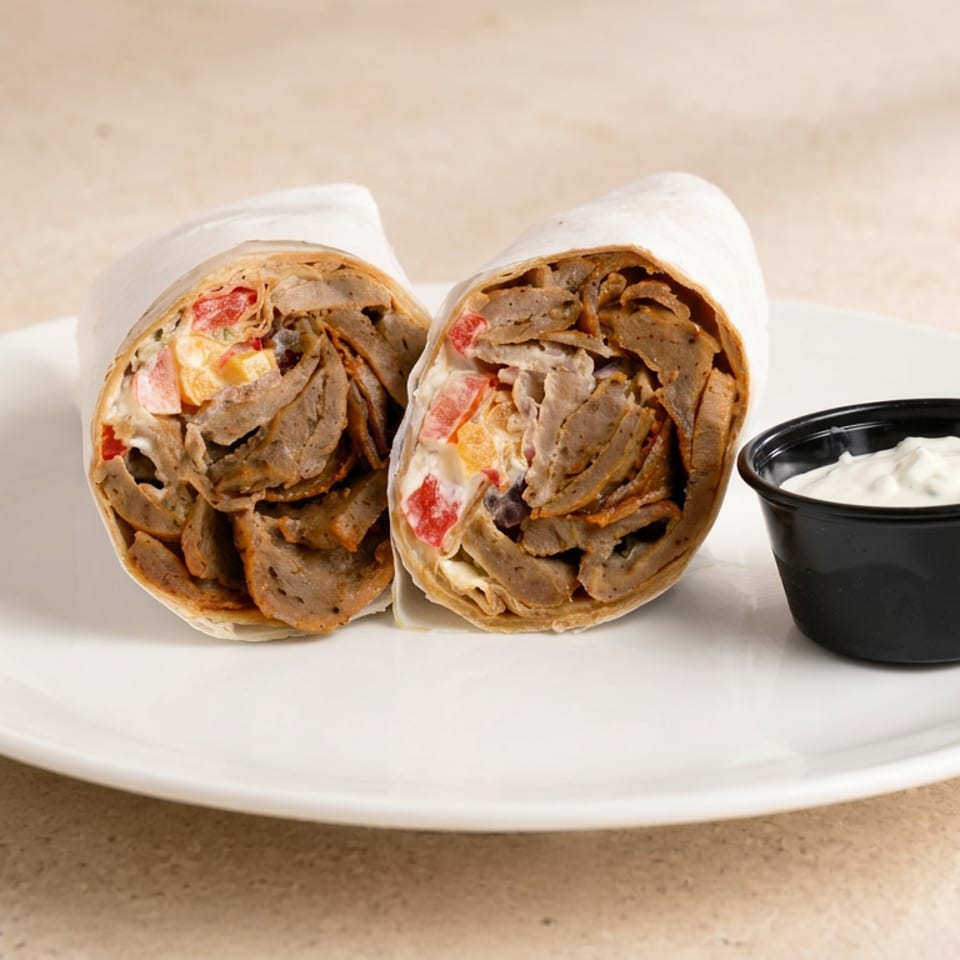 Two sliced shawarma wraps filled with seasoned meat and vegetables sit beside a cup of creamy sauce on a white plate.