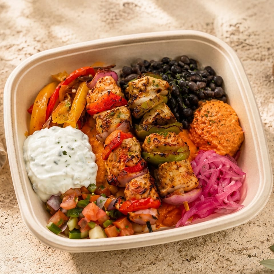 Grilled chicken and vegetables with black beans, rice, sauces, salsa, and pickled onions in a takeout bowl.