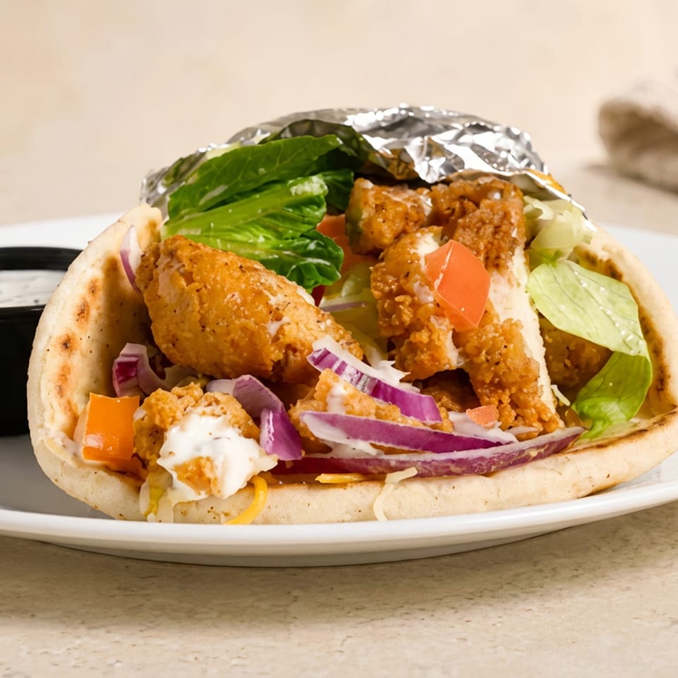 Crispy fried chicken pita filled with lettuce, tomato, red onion, and sauce, served with dipping sauce on a white plate.