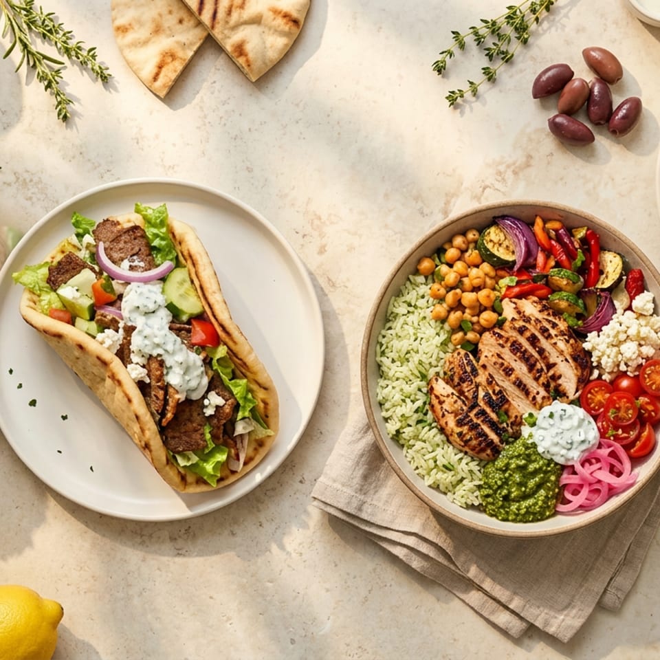 Mediterranean spread with chicken gyros, grilled chicken rice bowl, Greek salad, pita bread, lemons, olives, and herbs.