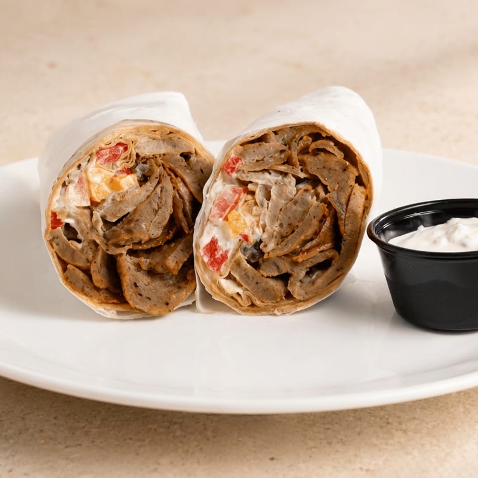 Two chicken shawarma wraps with red peppers and white sauce sit on a white plate beside a cup of creamy dipping sauce.