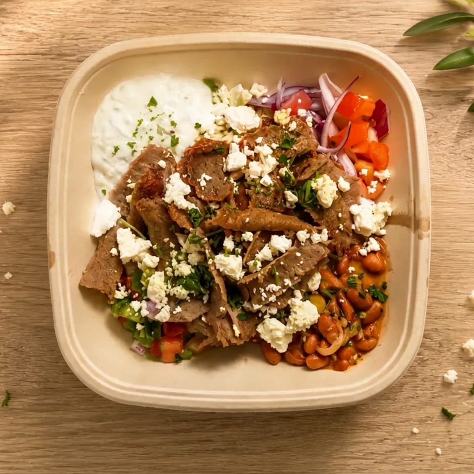 Greek-style gyro bowl with sliced meat, feta, tzatziki, beans, tomatoes, onions, and herbs on a wooden table.