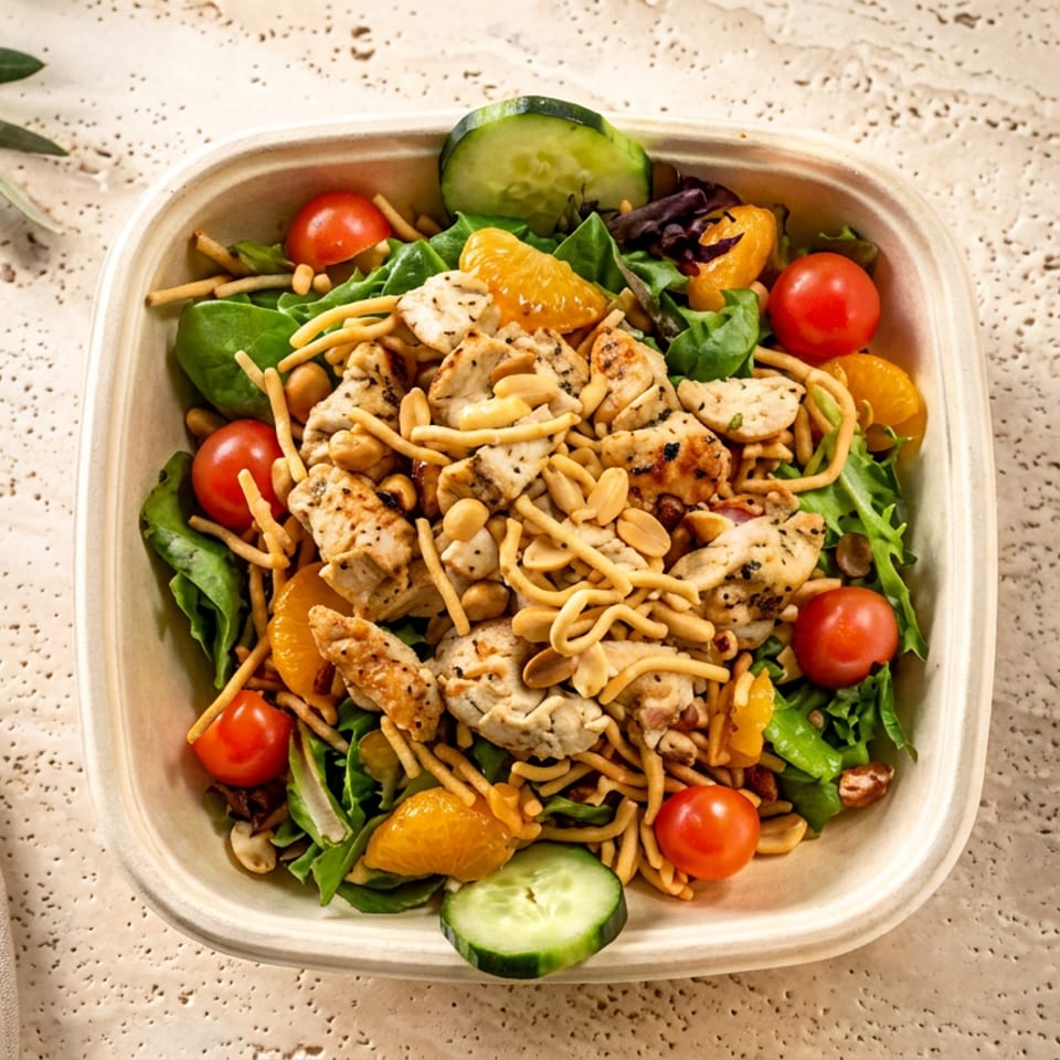 Top-down view of a chicken salad with lettuce, mandarin oranges, cherry tomatoes, cucumber, peanuts, and crunchy noodles in a takeaway bowl.