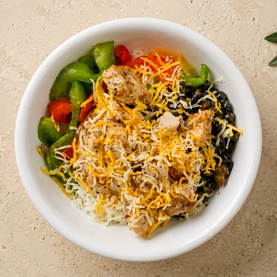 Overhead view of a white bowl filled with grilled chicken, rice, black beans, shredded cheese, peppers, and tomatoes.