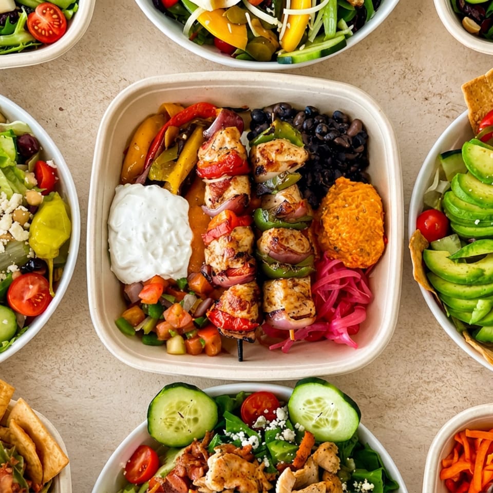 Overhead spread of colorful Mediterranean salads, grilled chicken skewers, vegetables, dips, beans, feta, and pita chips in serving bowls.
