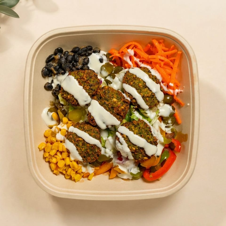 Falafel bowl topped with creamy white sauce, black beans, corn, shredded carrots, peppers, and greens.